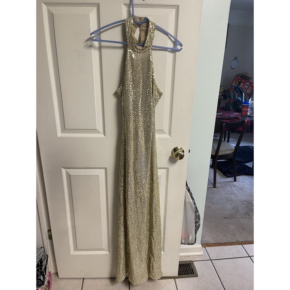 Barijay Gold Sequin Dress Med 12 Disco Halter Gown Formal VNT Open Back 90s 80s
